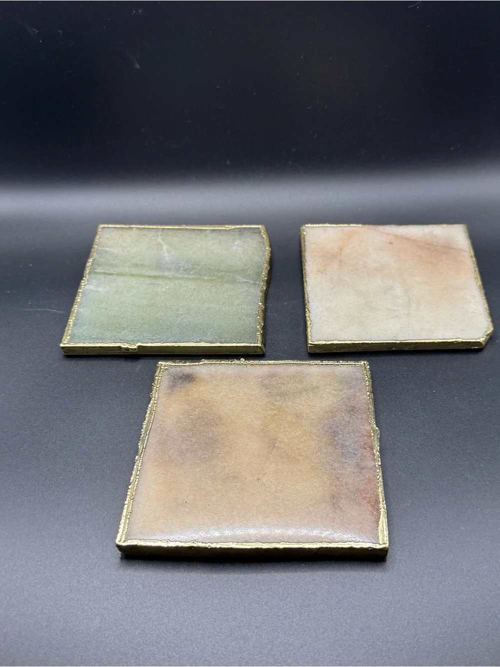 Anthropologie Set of 3 Natural Stone Coasters Gold Trim Square Agate Marble